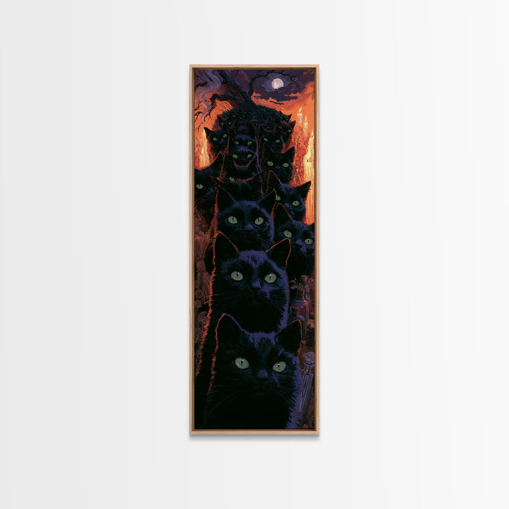 The Black Cat Gathering, Macabre Victorian Decor, Tall Narrow Wall Art, Framed Canvas Print, Gothic Wall Decor, Halloween Portrait Art