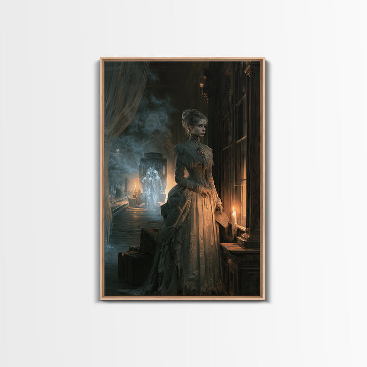 The Ghost Train Arrival, Antique Gothic Portrait, Vertical Wall Art, Framed Canvas Print, Gothic Wall Decor, Halloween Portrait Art
