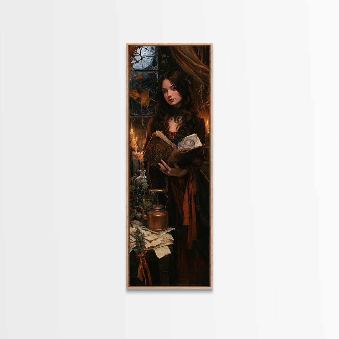 The Living Spellbook, Antique Gothic Portrait, Tall Narrow Wall Art, Canvas Print, Gothic Wall Decor, Halloween Portrait Art