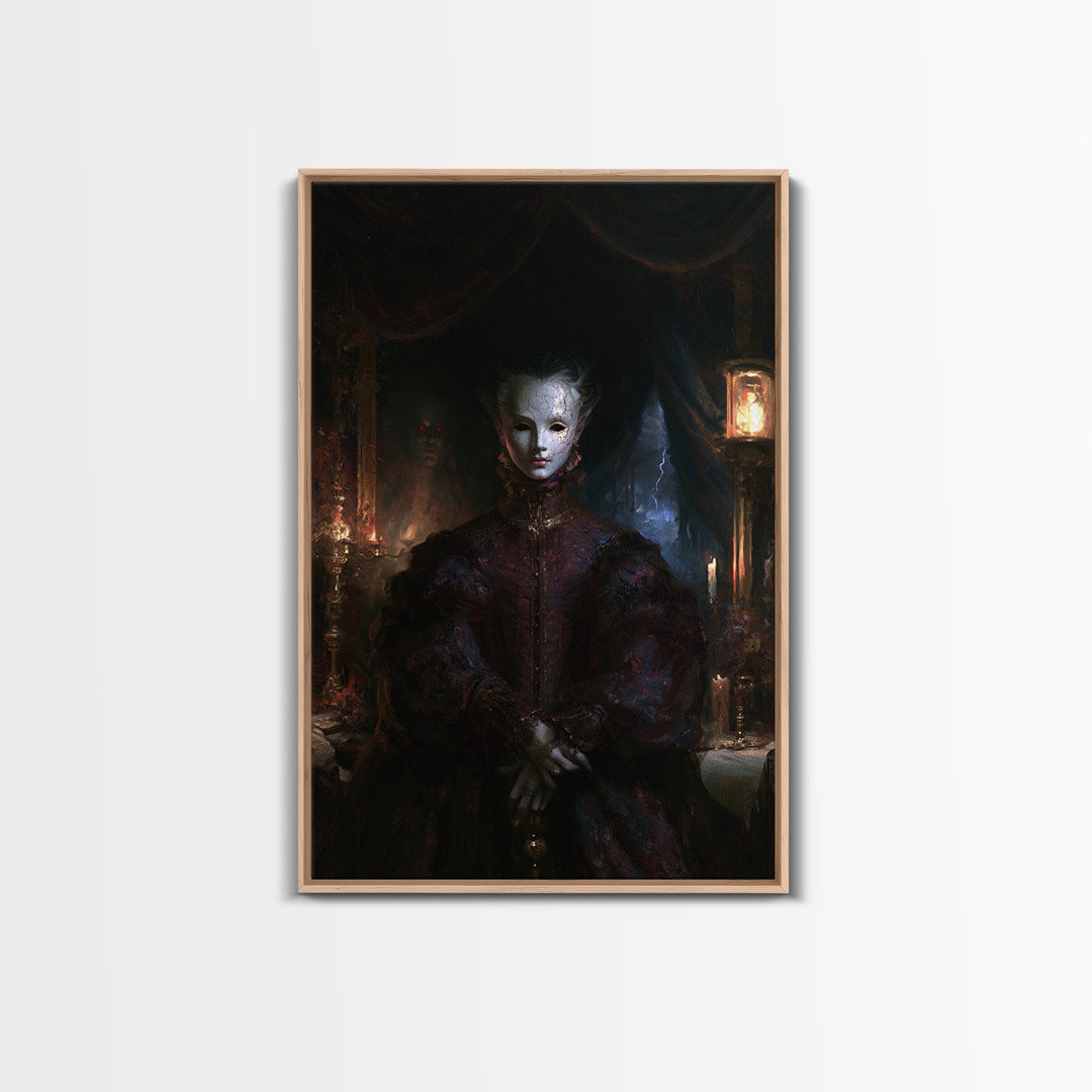 The Cracked Porcelain Mask, Antique Gothic Portrait, Vertical Wall Art, Framed Canvas Print, Gothic Wall Decor, Halloween Portrait Art