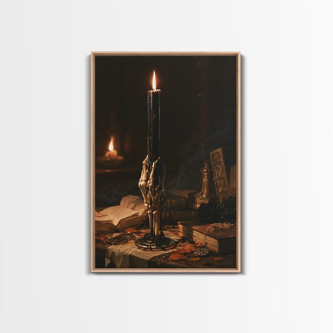The Skeletal Hand Candleholder, Victorian Horror Portrait, Vertical Wall Art, Canvas Print, Gothic Wall Decor, Halloween Portrait Art