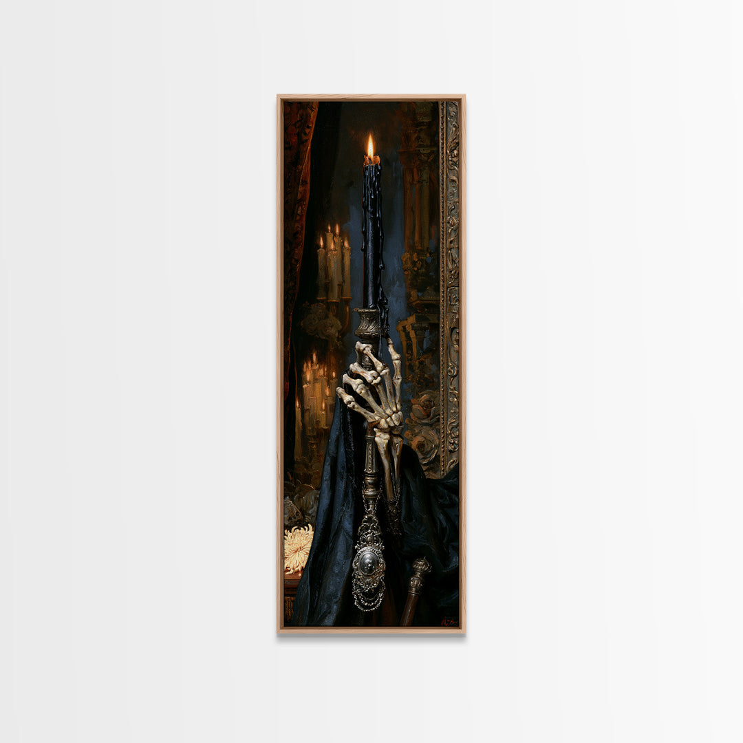 The Skeletal Hand Candleholder, Victorian Horror Portrait, Tall Narrow Wall Art, Framed Canvas Print, Gothic Wall Decor, Macabre Wall Art