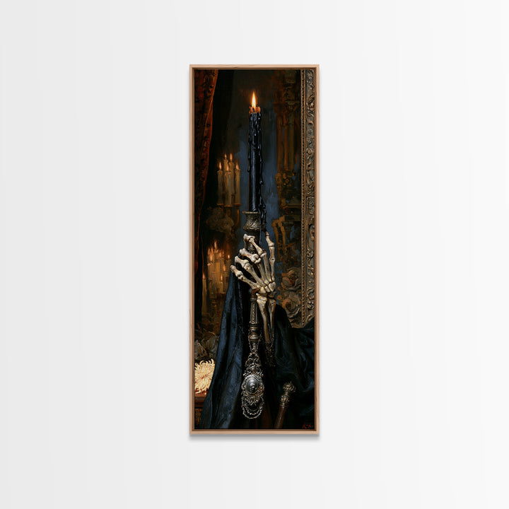 The Skeletal Hand Candleholder, Victorian Horror Portrait, Tall Narrow Wall Art, Framed Canvas Print, Gothic Wall Decor, Macabre Wall Art