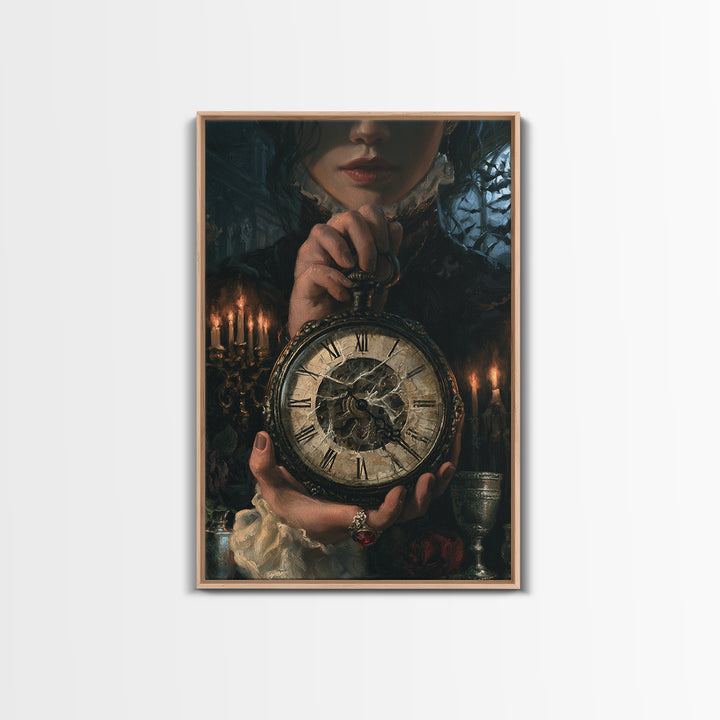 The Cursed Pocket Watch, Victorian Horror Portrait, Vertical Wall Art, Framed Canvas Print, Gothic Wall Decor, Halloween Portrait Art