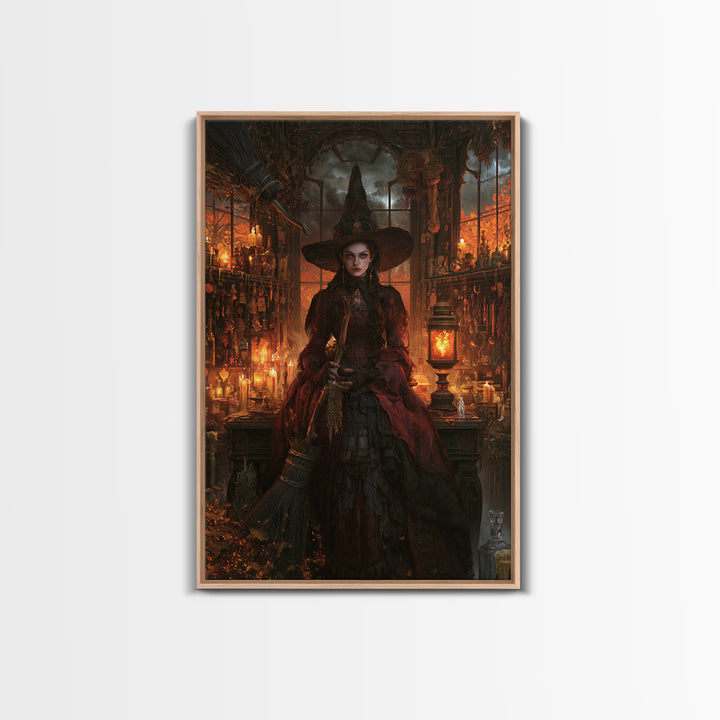 The Witch'S Broom, Dark Academia Wall Art, Vertical Wall Art, Framed Canvas Print, Gothic Wall Decor, Halloween Portrait Art
