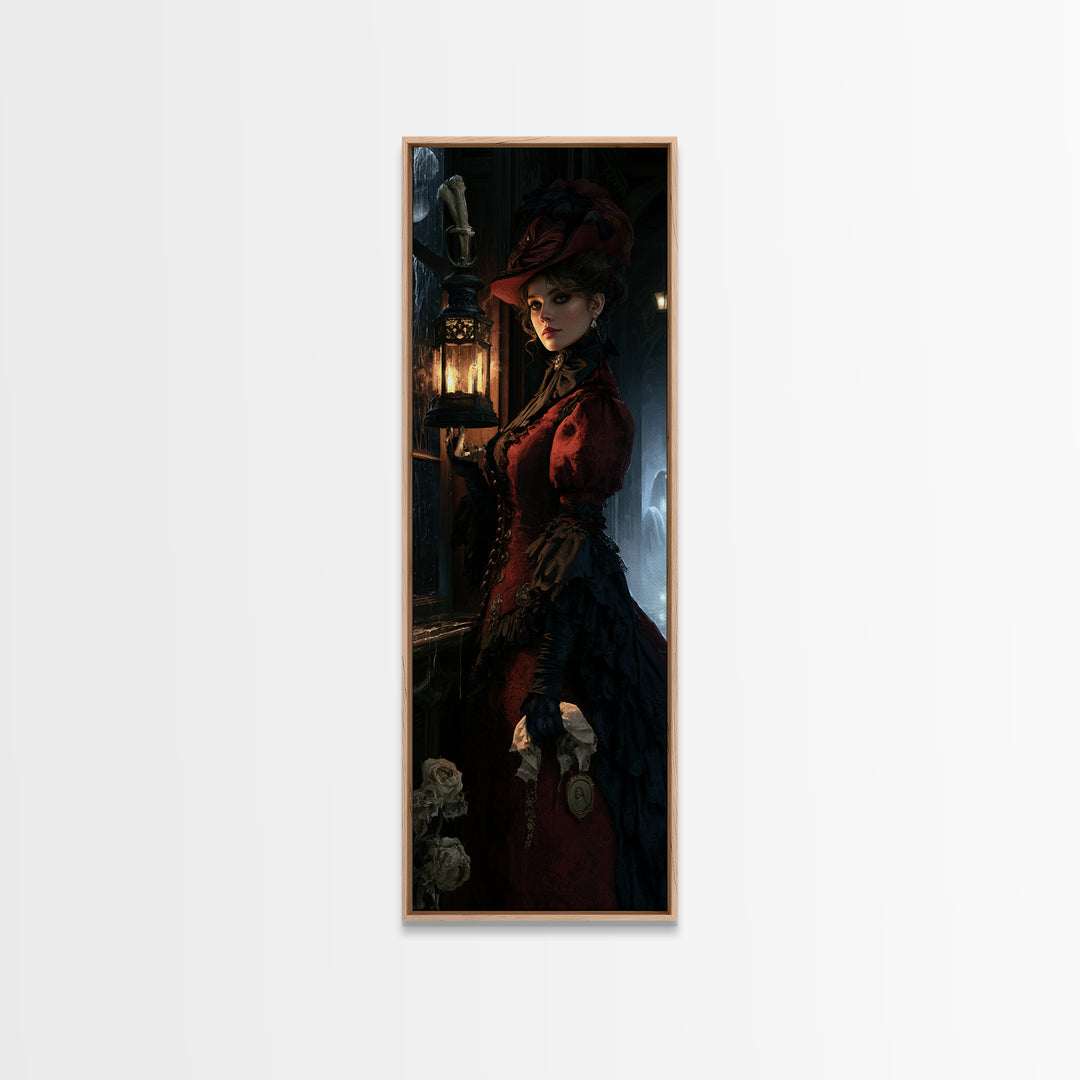 The Bone-Handled Lantern, Victorian Horror Portrait, Tall Narrow Wall Art, Framed Canvas Print, Gothic Wall Decor, Halloween Portrait Art