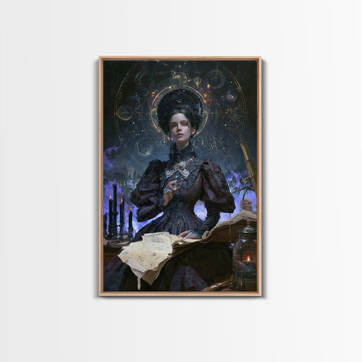 Celestial Witchcraft, Victorian Horror Portrait, Vertical Wall Art, Framed Canvas Print, Gothic Wall Decor, Halloween Portrait Art