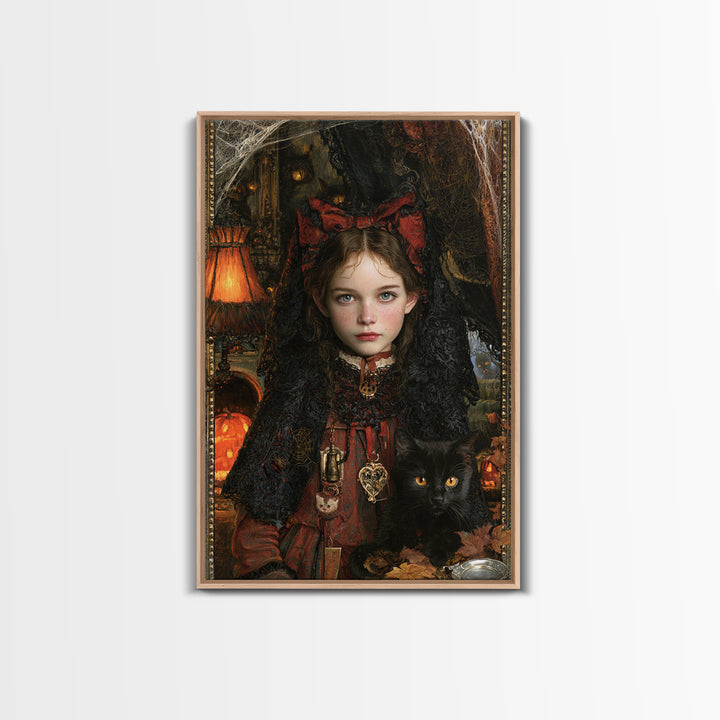 Black Lace And Cobwebs, Antique Gothic Portrait, Vertical Wall Art, Framed Canvas Print, Gothic Wall Decor, Halloween Portrait Art