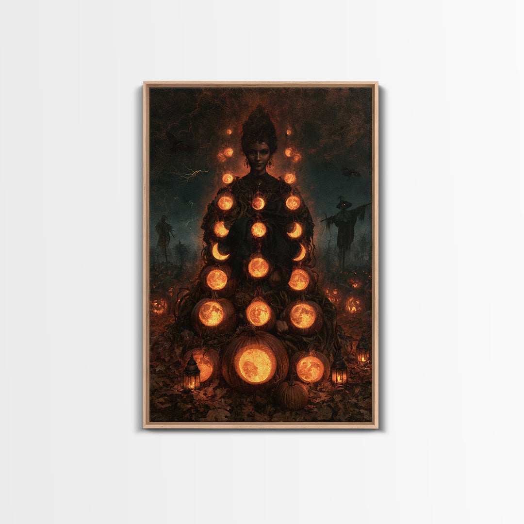Pumpkins And Moon Phases, Victorian Horror Portrait, Vertical Wall Art, Canvas Print, Gothic Wall Decor, Halloween Portrait Art