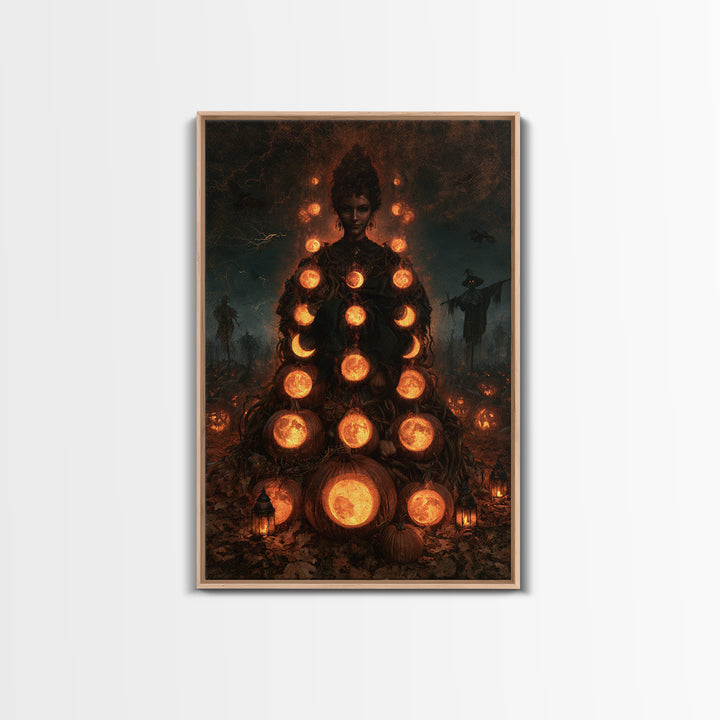 Pumpkins And Moon Phases, Victorian Horror Portrait, Vertical Wall Art, Canvas Print, Gothic Wall Decor, Halloween Portrait Art