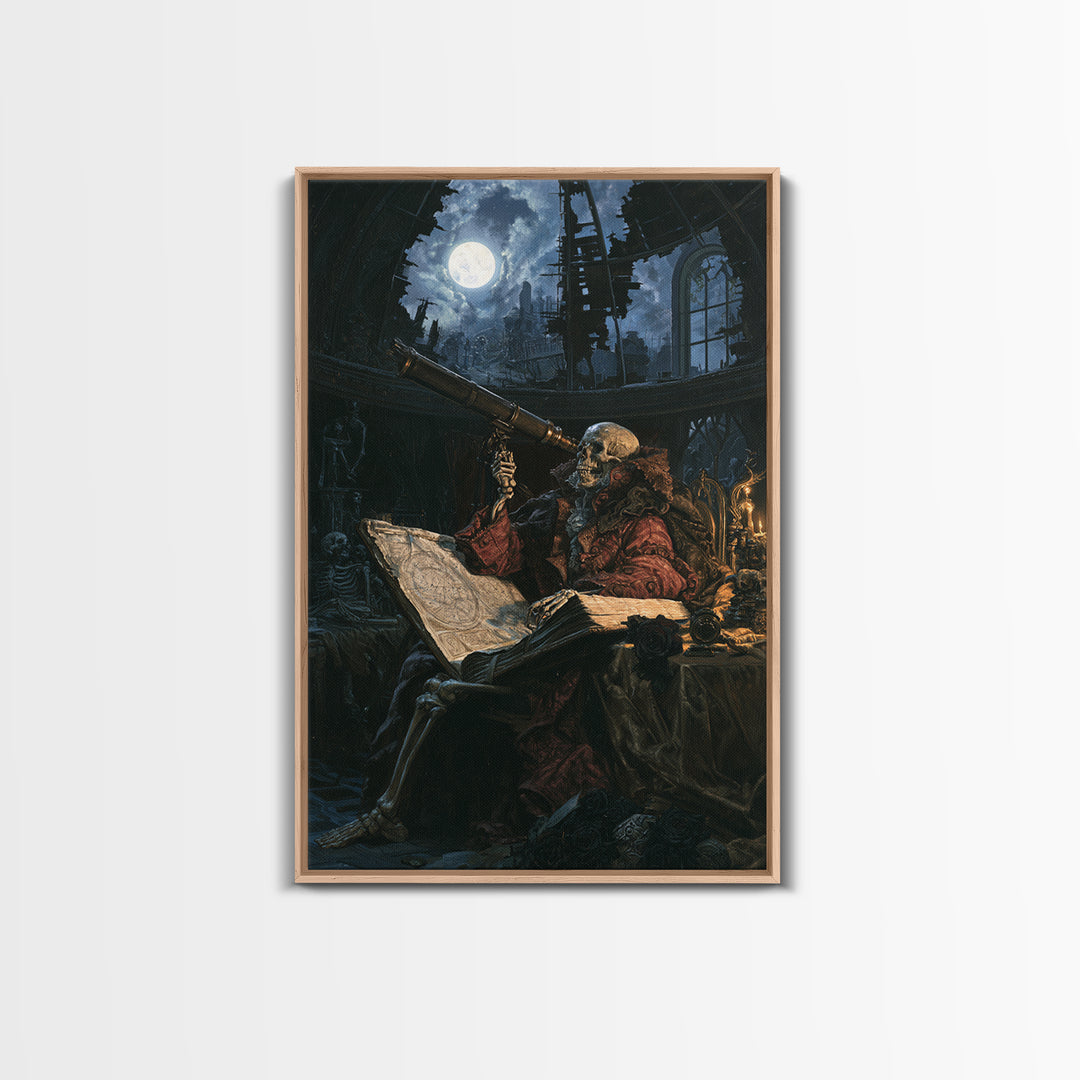 The Skull Astronomer, Victorian Horror Portrait, Vertical Wall Art, Framed Canvas Print, Gothic Wall Decor, Halloween Portrait Art