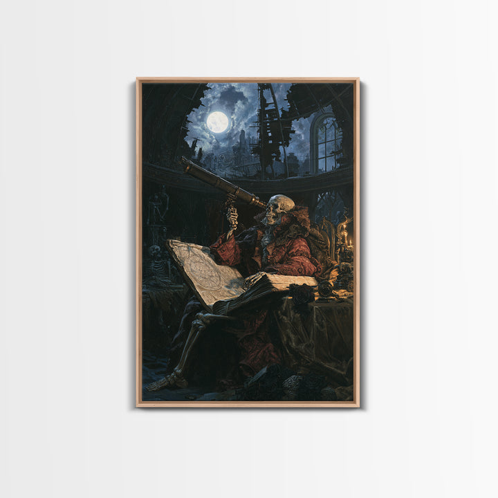 The Skull Astronomer, Victorian Horror Portrait, Vertical Wall Art, Framed Canvas Print, Gothic Wall Decor, Halloween Portrait Art