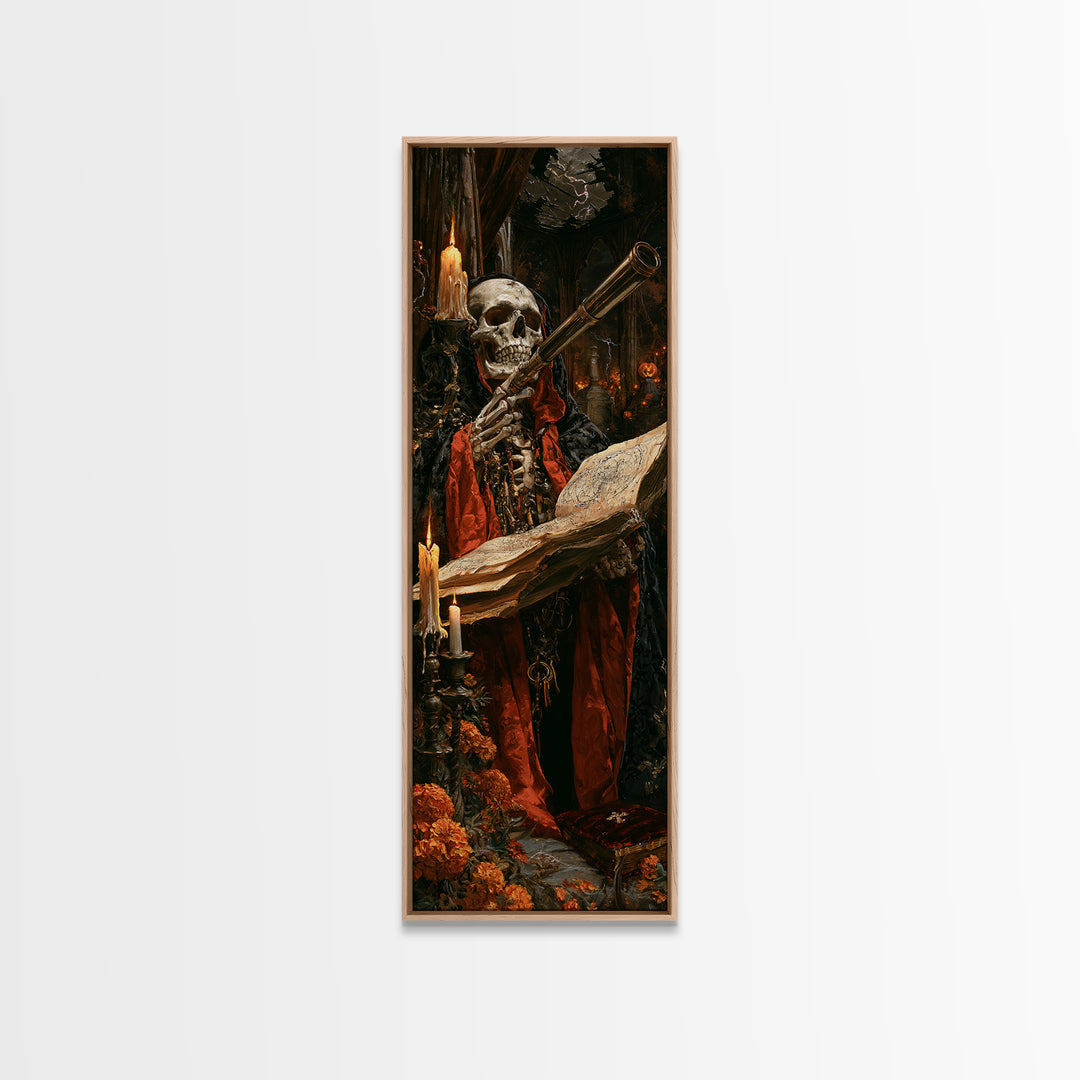 The Skull Astronomer, Victorian Gothic Art, Tall Narrow Wall Art, Canvas Print, Gothic Wall Decor, Halloween Portrait Art, Spooky Wall Decor
