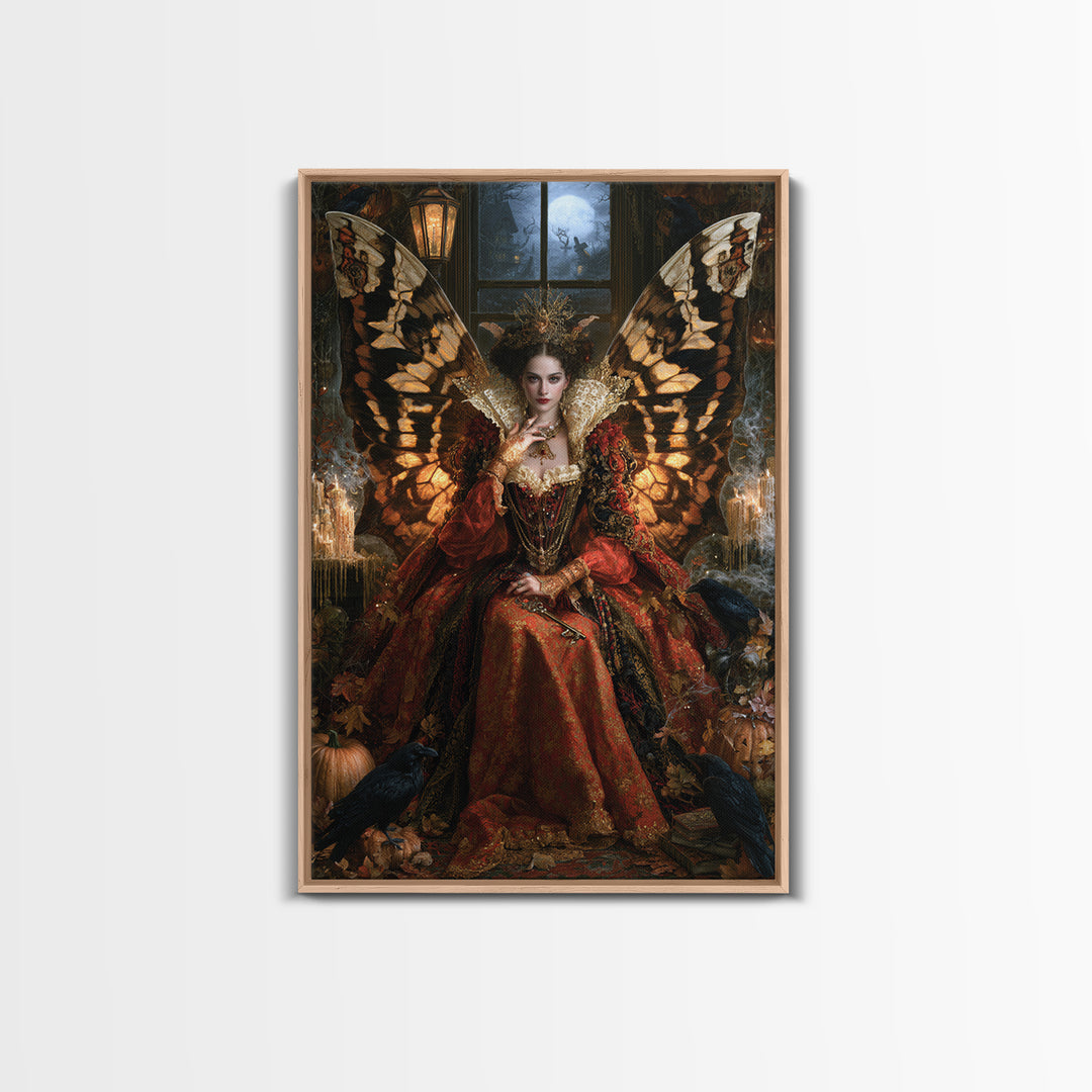 The Moth-Winged Empress, Antique Gothic Portrait, Vertical Wall Art, Framed Canvas Print, Gothic Wall Decor, Halloween Portrait Art