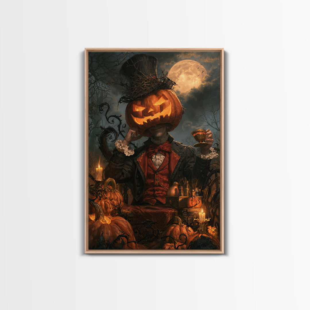 The Pumpkin-Headed Tea Merchant, Victorian Gothic Art, Vertical Wall Art, Framed Canvas Print, Gothic Wall Decor, Halloween Portrait Art