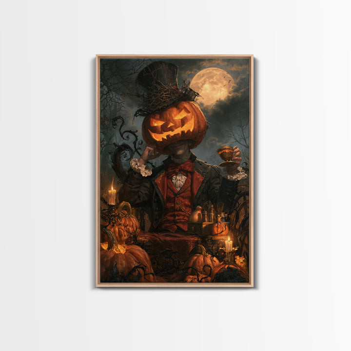 The Pumpkin-Headed Tea Merchant, Victorian Gothic Art, Vertical Wall Art, Framed Canvas Print, Gothic Wall Decor, Halloween Portrait Art