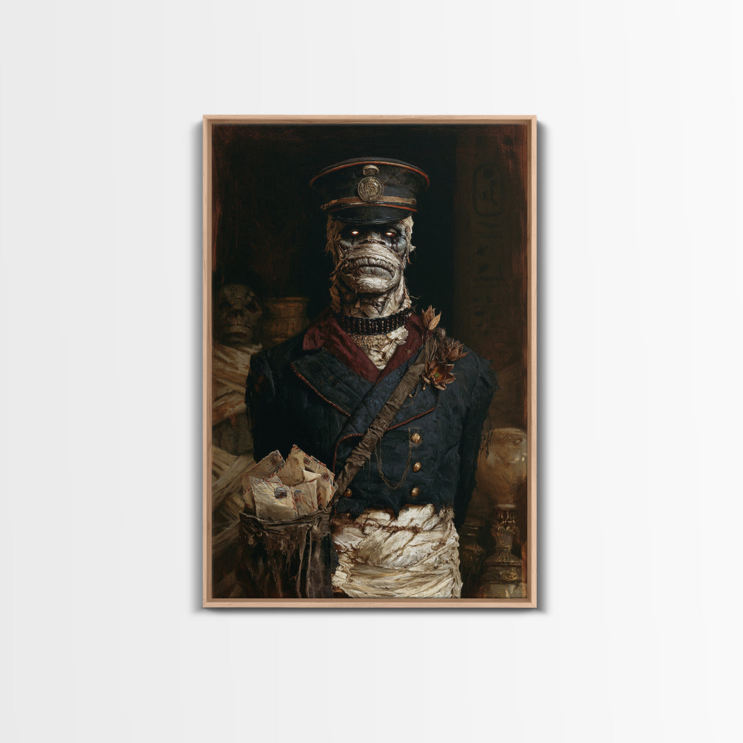 The Mummy Mail Carrier, Dark Academia Wall Art, Vertical Wall Art, Framed Canvas Print, Gothic Wall Decor, Halloween Portrait Art