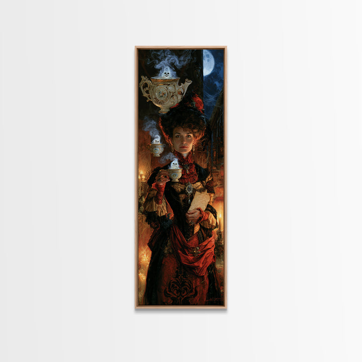Tiny Ghosts In Teacups, Antique Gothic Portrait, Tall Narrow Wall Art, Canvas Print, Gothic Wall Decor, Halloween Portrait Art