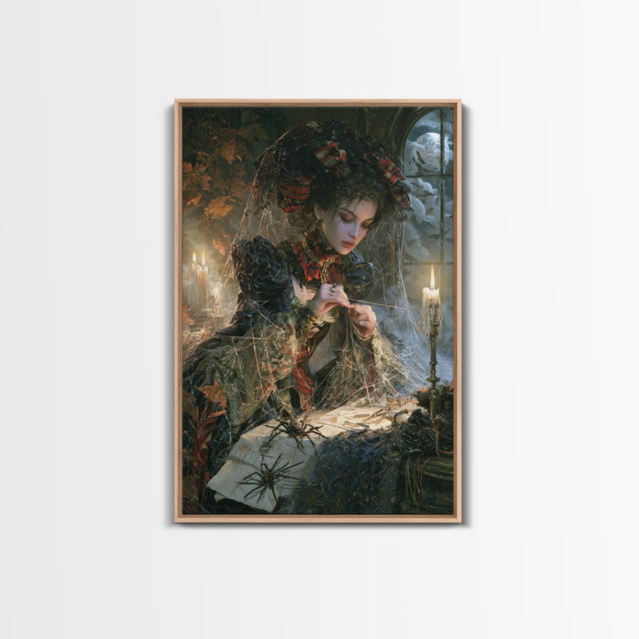 The Spider Sewing Circle, Victorian Horror Portrait, Vertical Wall Art, Framed Canvas Print, Gothic Wall Decor, Halloween Portrait Art