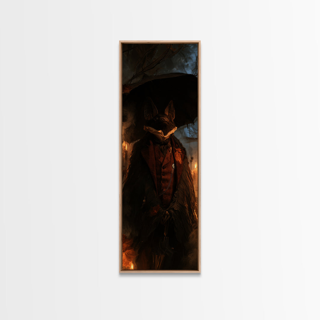 The Bat Umbrella Salesman, Macabre Victorian Decor, Tall Narrow Wall Art, Framed Canvas Print, Gothic Wall Decor, Halloween Portrait Art