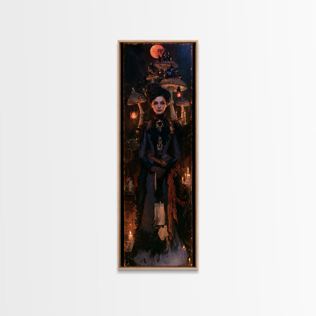 The Moonlit Mushroom Village, Macabre Victorian Decor, Tall Narrow Wall Art, Framed Canvas Print, Gothic Wall Decor, Halloween Portrait Art