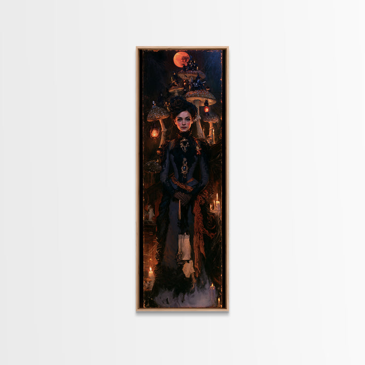 The Moonlit Mushroom Village, Macabre Victorian Decor, Tall Narrow Wall Art, Framed Canvas Print, Gothic Wall Decor, Halloween Portrait Art