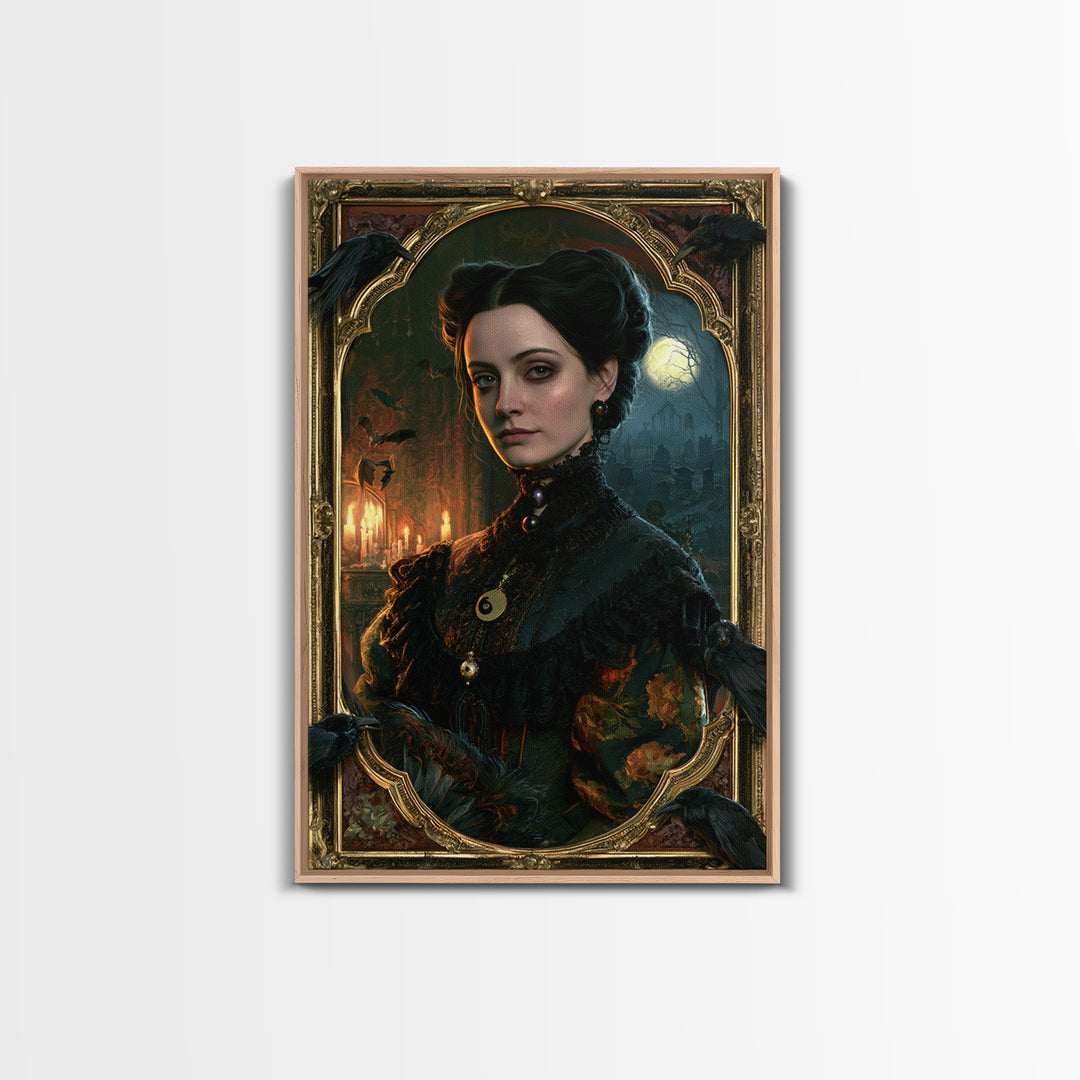 The Raven Post Office, Victorian Horror Portrait, Vertical Wall Art, Framed Canvas Print, Gothic Wall Decor, Halloween Portrait Art