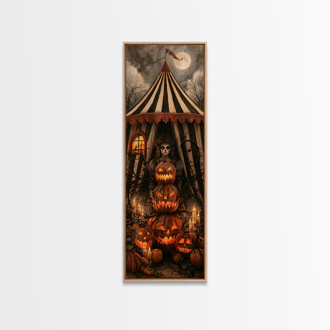 The Jack-O'-Lantern Circus, Macabre Victorian Decor, Tall Narrow Wall Art, Framed Canvas Print, Gothic Wall Decor, Halloween Portrait Art
