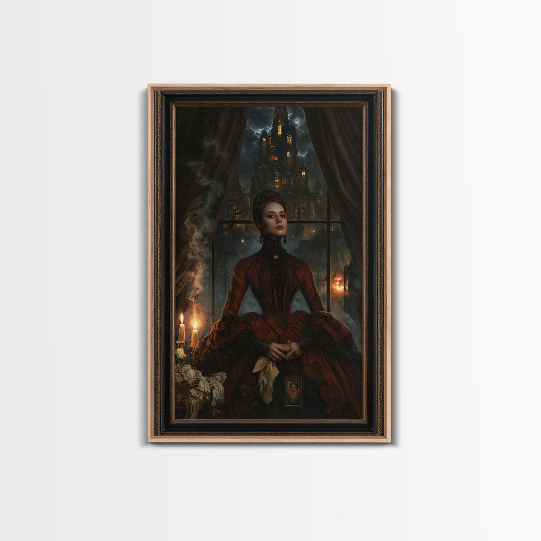 The Haunted City Skyline, Victorian Gothic Art, Vertical Wall Art, Framed Canvas Print, Gothic Wall Decor, Halloween Portrait Art