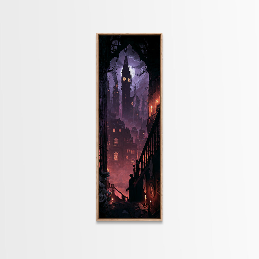 The Haunted City Skyline, Dark Academia Wall Art, Tall Narrow Wall Art, Framed Canvas Print, Gothic Wall Decor, Halloween Portrait Art
