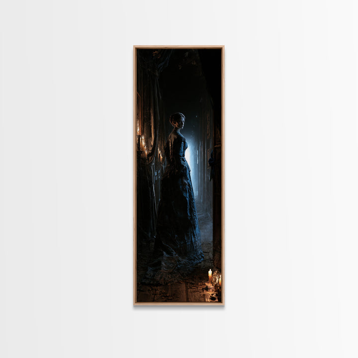 The Infinite Hallway, Dark Academia Wall Art, Tall Narrow Wall Art, Framed Canvas Print, Gothic Wall Decor, Halloween Portrait Art