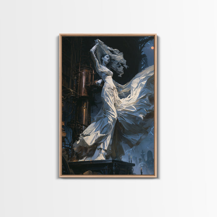 The Stitched Bride Of Thunder Hall, Antique Gothic Portrait, Vertical Wall Art, Framed Canvas Print, Gothic Wall Decor, Halloween Decor