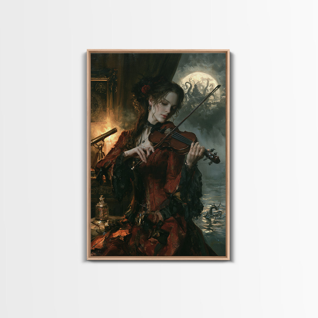 The Violinist Of The Drowned Moon, Victorian Horror Portrait, Vertical Wall Art, Framed Canvas Print, Gothic Wall Decor