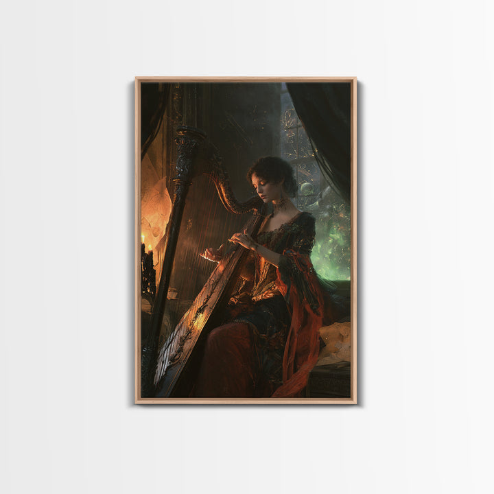 The Harpist Of Abyssal Sleep, Victorian Gothic Art, Vertical Wall Art, Framed Canvas Print, Gothic Wall Decor, Halloween Portrait Art