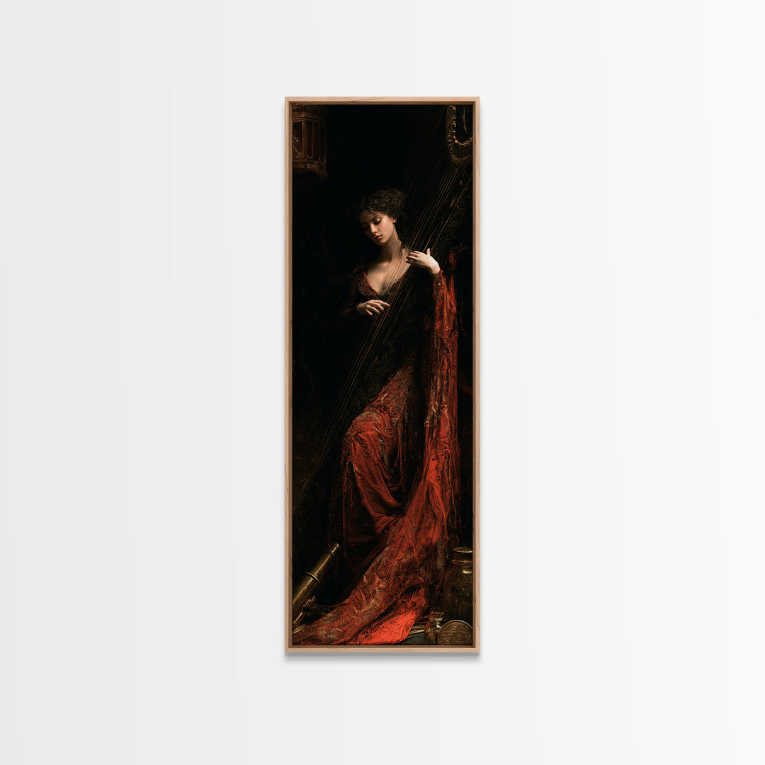 The Harpist Of Abyssal Sleep, Victorian Gothic Art, Tall Narrow Wall Art, Canvas Print, Gothic Wall Decor, Halloween Portrait Art