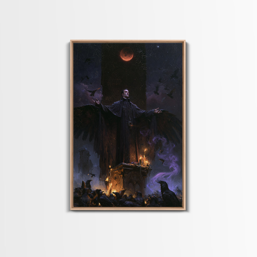 The Raven Sermon Of Leng, Victorian Horror Portrait, Vertical Wall Art, Framed Canvas Print, Gothic Wall Decor, Halloween Portrait Art