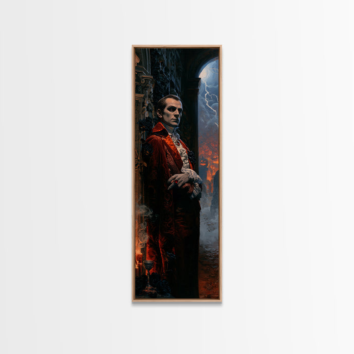 The Crimson Count, Victorian Vampire Portrait, Tall Narrow Canvas Print, Antique Style Decor, Gothic Wall Decor, Classic Monster Art