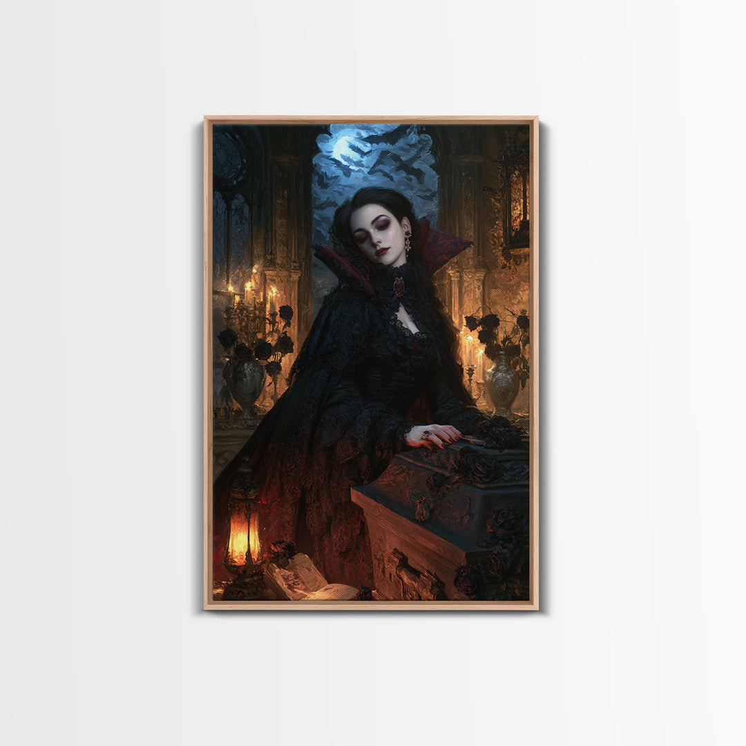 The Rose-Coffin Countess, Victorian Vampire Portrait, Vertical Canvas Print, Classic Halloween Decor, Canvas Print, Classic Monster Art