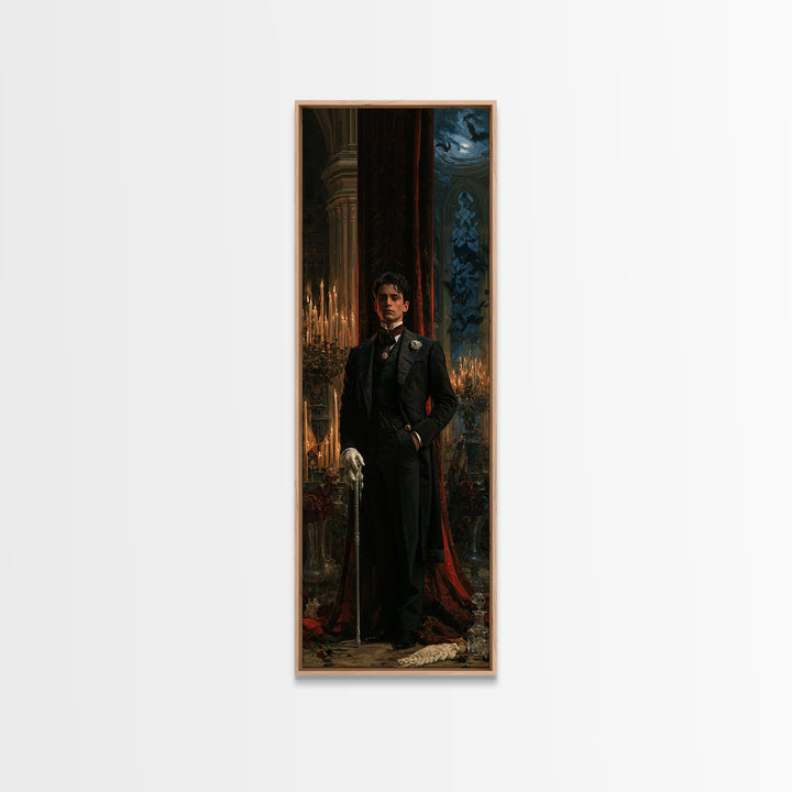 The Moonlit Viscount, Victorian Vampire Portrait, Tall Narrow Canvas Print, Classic Halloween Decor, Classic Monster Art