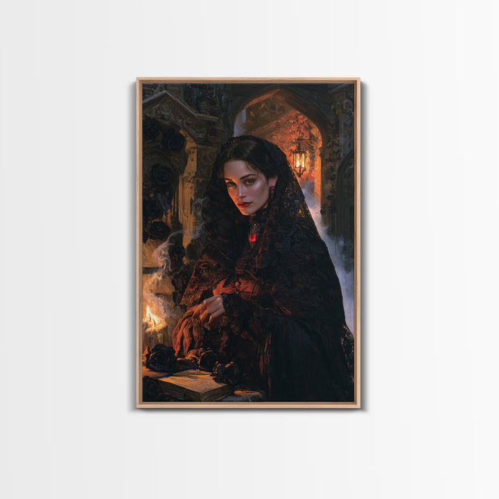 The Widow Of Black Veils, Victorian Vampire Portrait, Vertical Canvas Print, Classic Halloween Decor, Gothic Wall Decor, Classic Monster Art