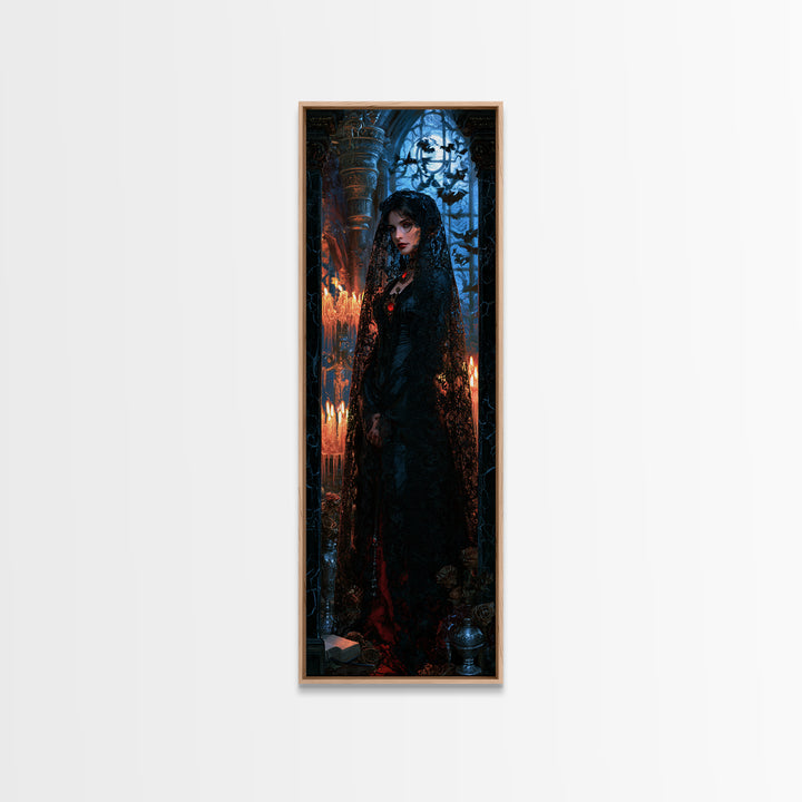 The Widow Of Black Veils, Victorian Vampire Portrait, Tall Narrow Canvas Print, Dark Academia Decor, Classic Monster Art