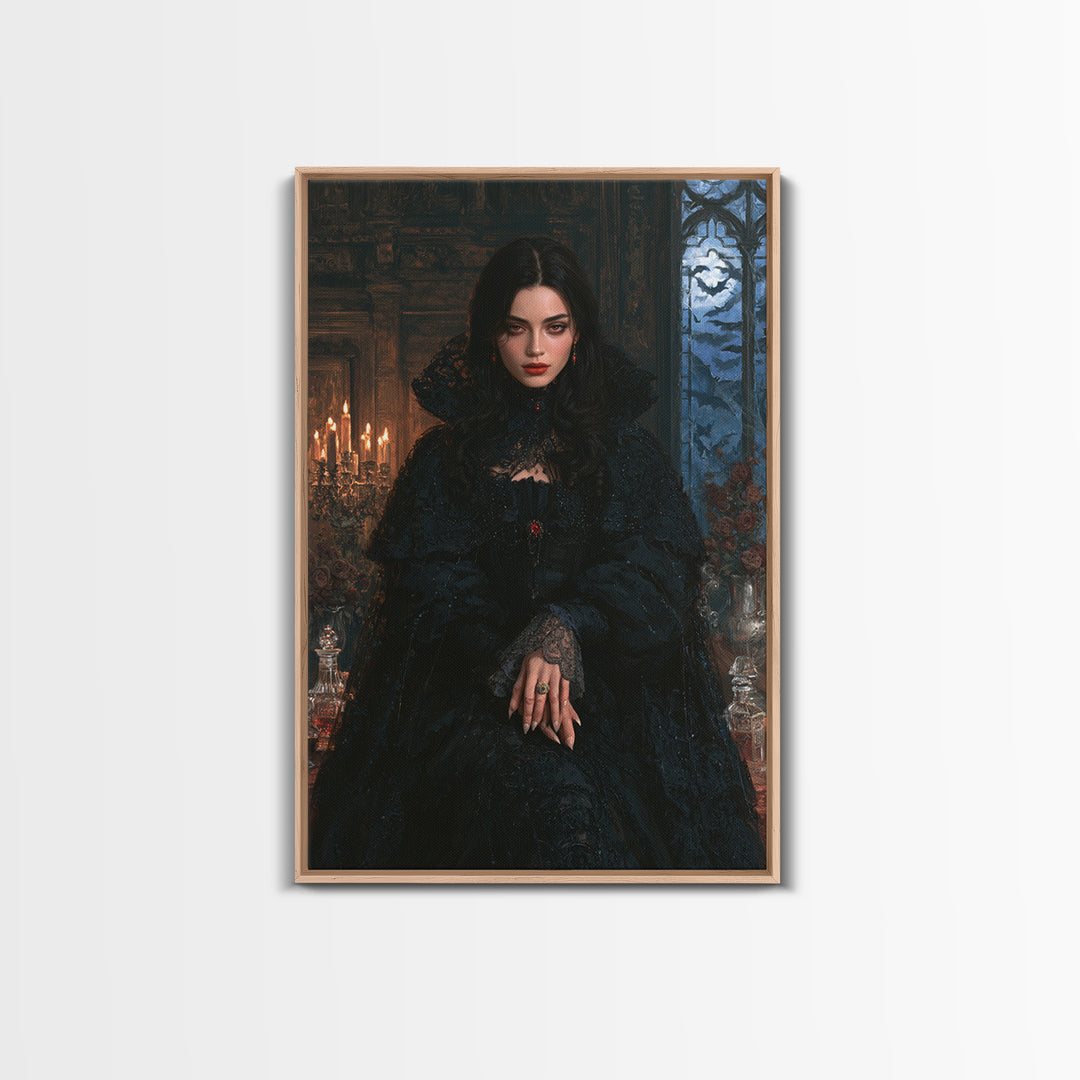 The Velvet-Fanged Heiress, Victorian Vampire Portrait, Vertical Canvas Print, Gothic Home Decor, Gothic Wall Decor, Classic Monster Art