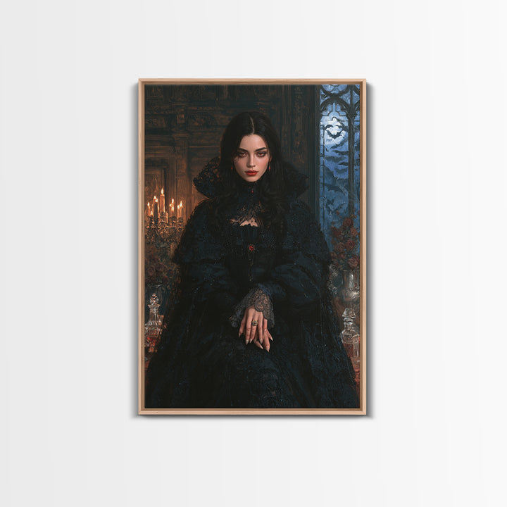 The Velvet-Fanged Heiress, Victorian Vampire Portrait, Vertical Canvas Print, Gothic Home Decor, Gothic Wall Decor, Classic Monster Art