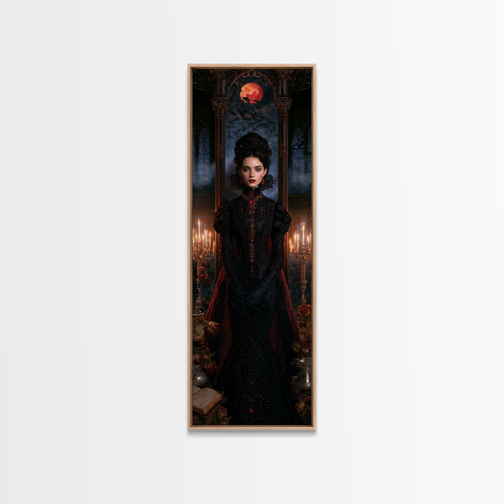The Velvet-Fanged Heiress, Victorian Vampire Portrait, Tall Narrow Canvas Print, Antique Style Decor, Classic Monster Art