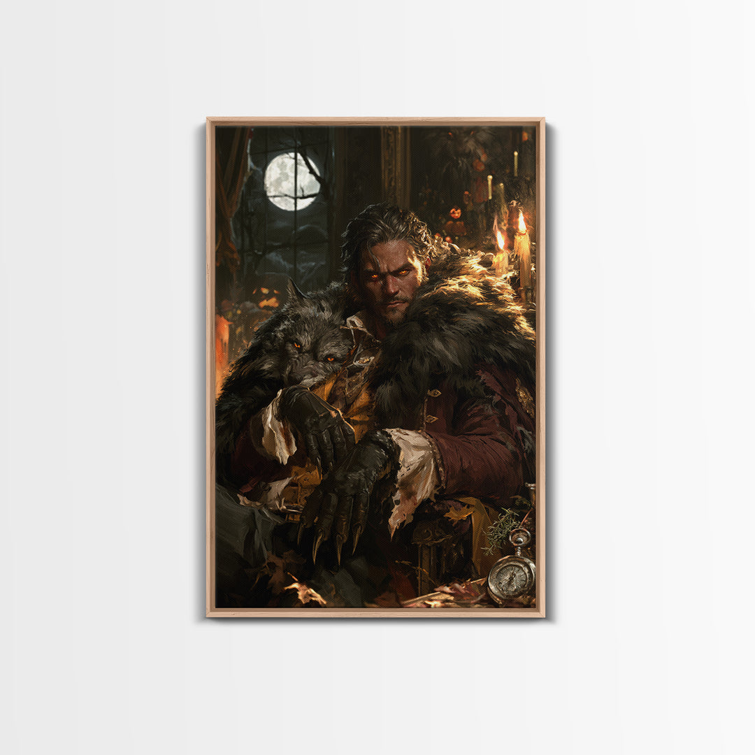 The Silver-Wolf Heir, Victorian Werewolf Portrait, Vertical Canvas Print, Dark Academia Decor, Antique Horror Decor, Classic Monster Art