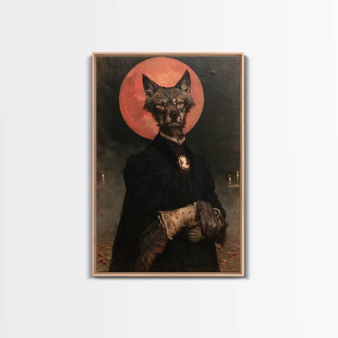 The Wolf Moon Governess, Victorian Werewolf Portrait, Vertical Canvas Print, Antique Style Decor, Spooky Season Decor, Classic Monster Art