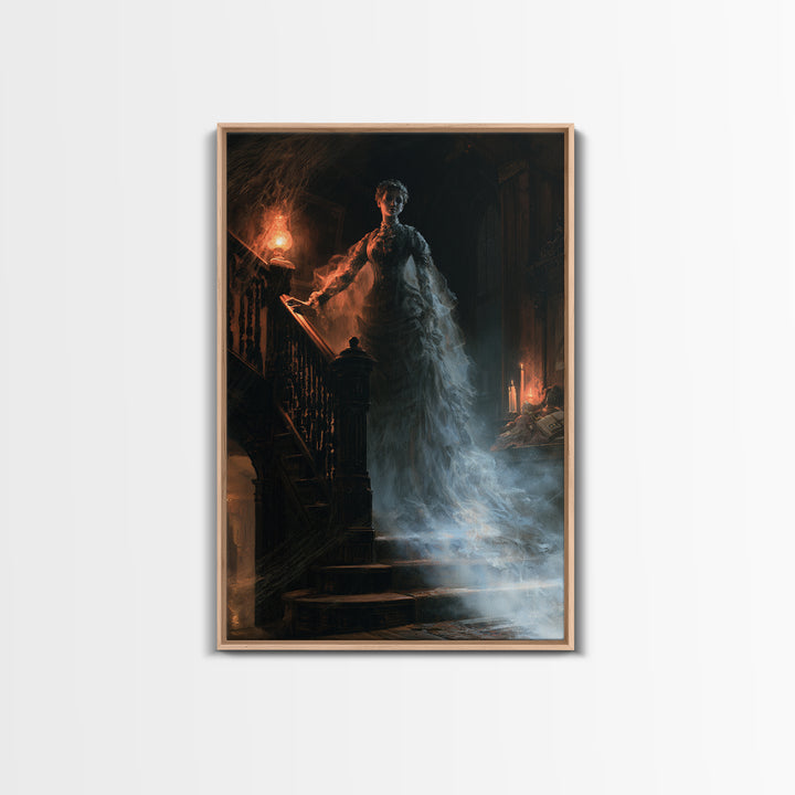 The Staircase Apparition, Victorian Ghost Portrait, Vertical Canvas Print, Antique Style Decor, Halloween Portrait Art, Classic Monster Art