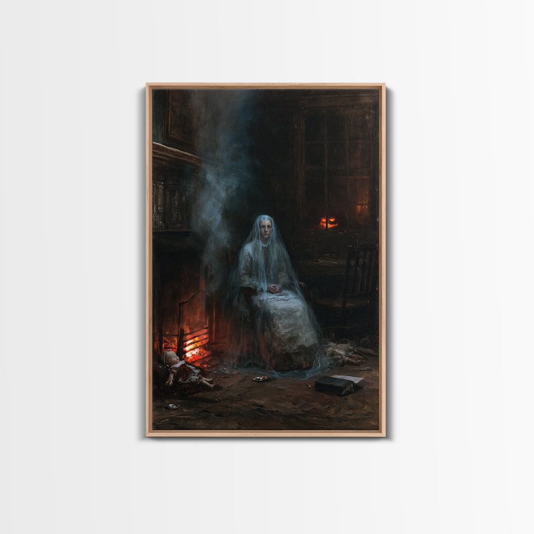 The Hearthside Shade, Victorian Ghost Portrait, Vertical Canvas Print, Classic Halloween Decor, Canvas Print, Classic Monster Art