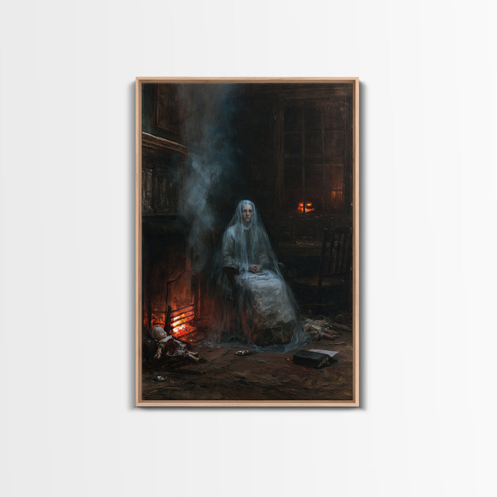 The Hearthside Shade, Victorian Ghost Portrait, Vertical Canvas Print, Classic Halloween Decor, Canvas Print, Classic Monster Art