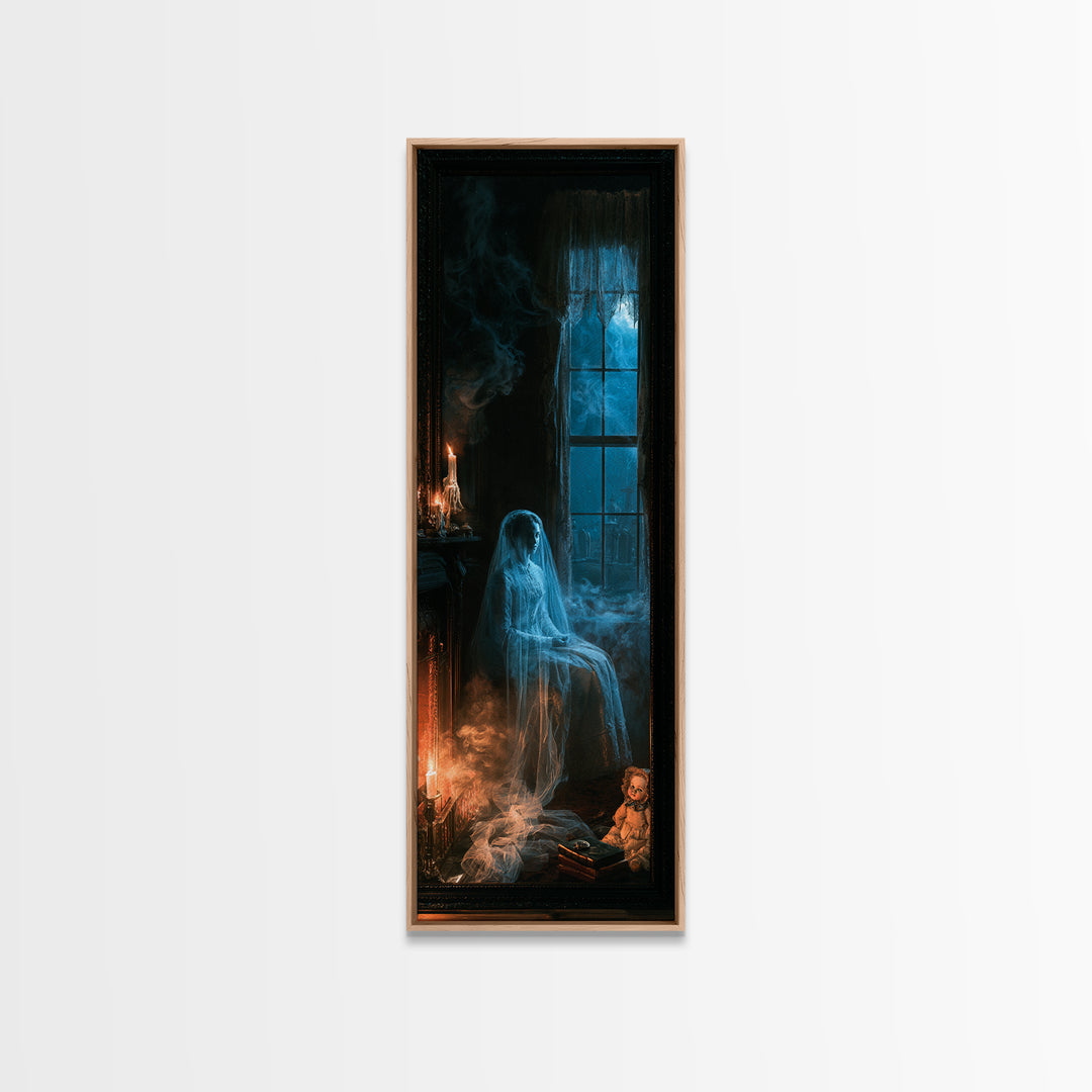 The Hearthside Shade, Victorian Ghost Portrait, Tall Narrow Canvas Print, Macabre Home Decor, Gothic Wall Decor, Classic Monster Art